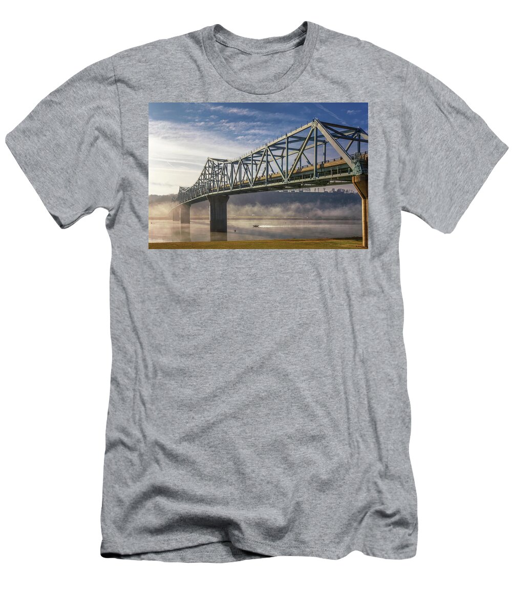 Bridge T-Shirt featuring the photograph Fishing Boat on the Foggy Ohio River by Susan Rissi Tregoning