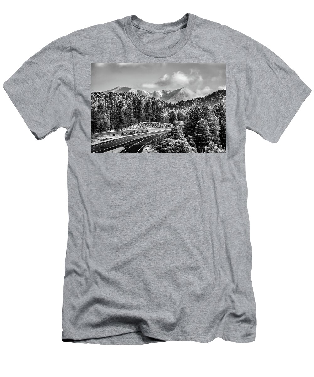 Flagstaff Arizona T-Shirt featuring the photograph Flagstaff Arizona Frosty Mountain Landscape - Black and White by Gregory Ballos