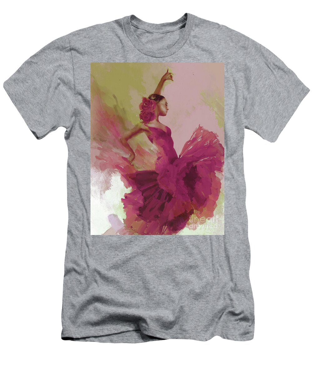 Flamenco T-Shirt featuring the painting Flamenco Female Dancer Abstract art 2 by Gull G