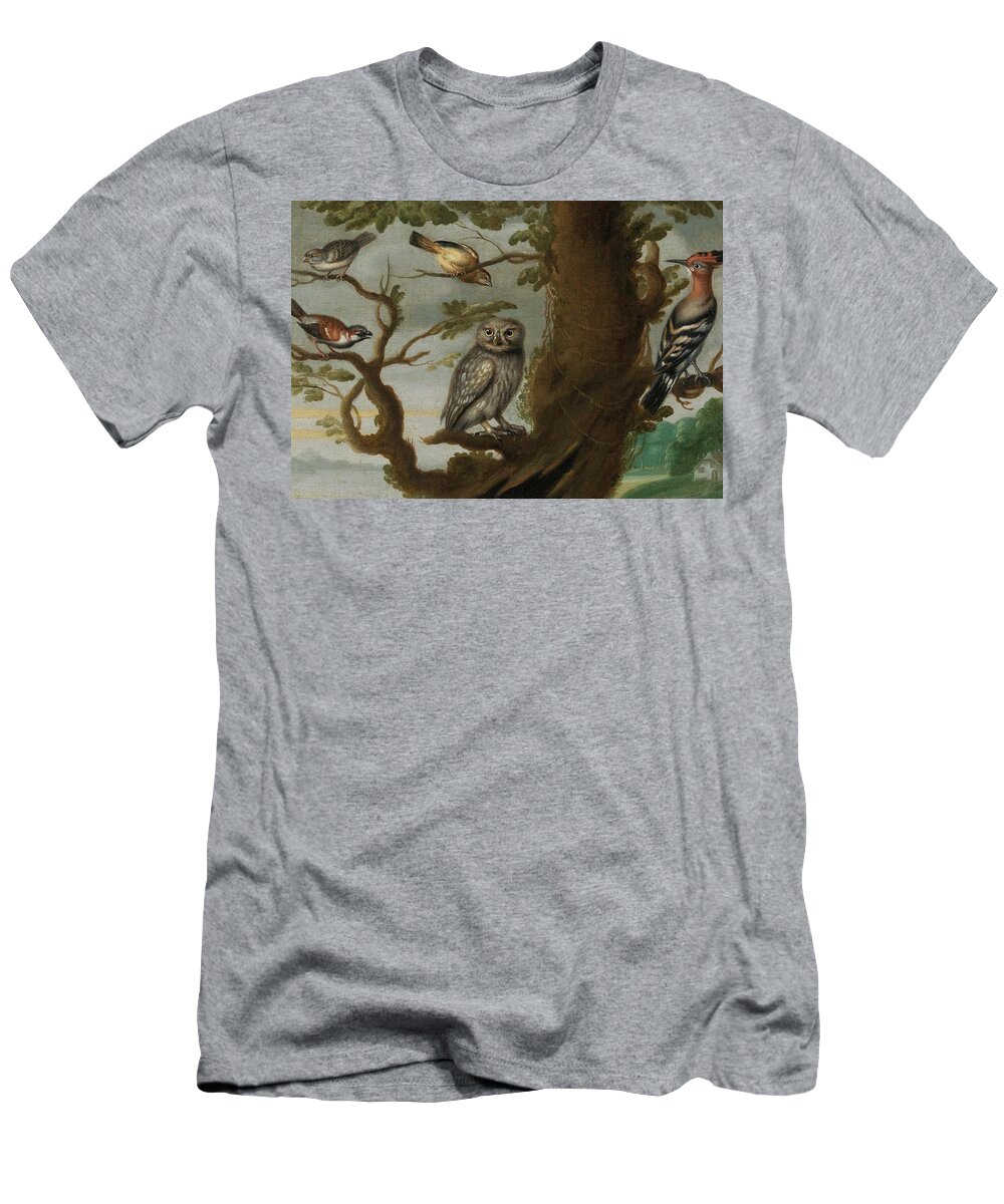 Travel T-Shirt featuring the painting Flemish School Century An owl and a hoopoe and other birds in a tree by MotionAge Designs