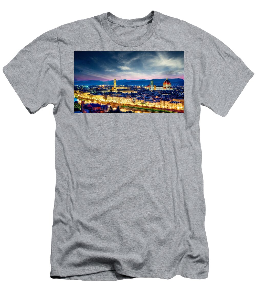 Florence T-Shirt featuring the photograph Florence - Sunrise view of Duomo and Giotto's bell tower, Santa croce and palazzo signoria by Stefano Senise