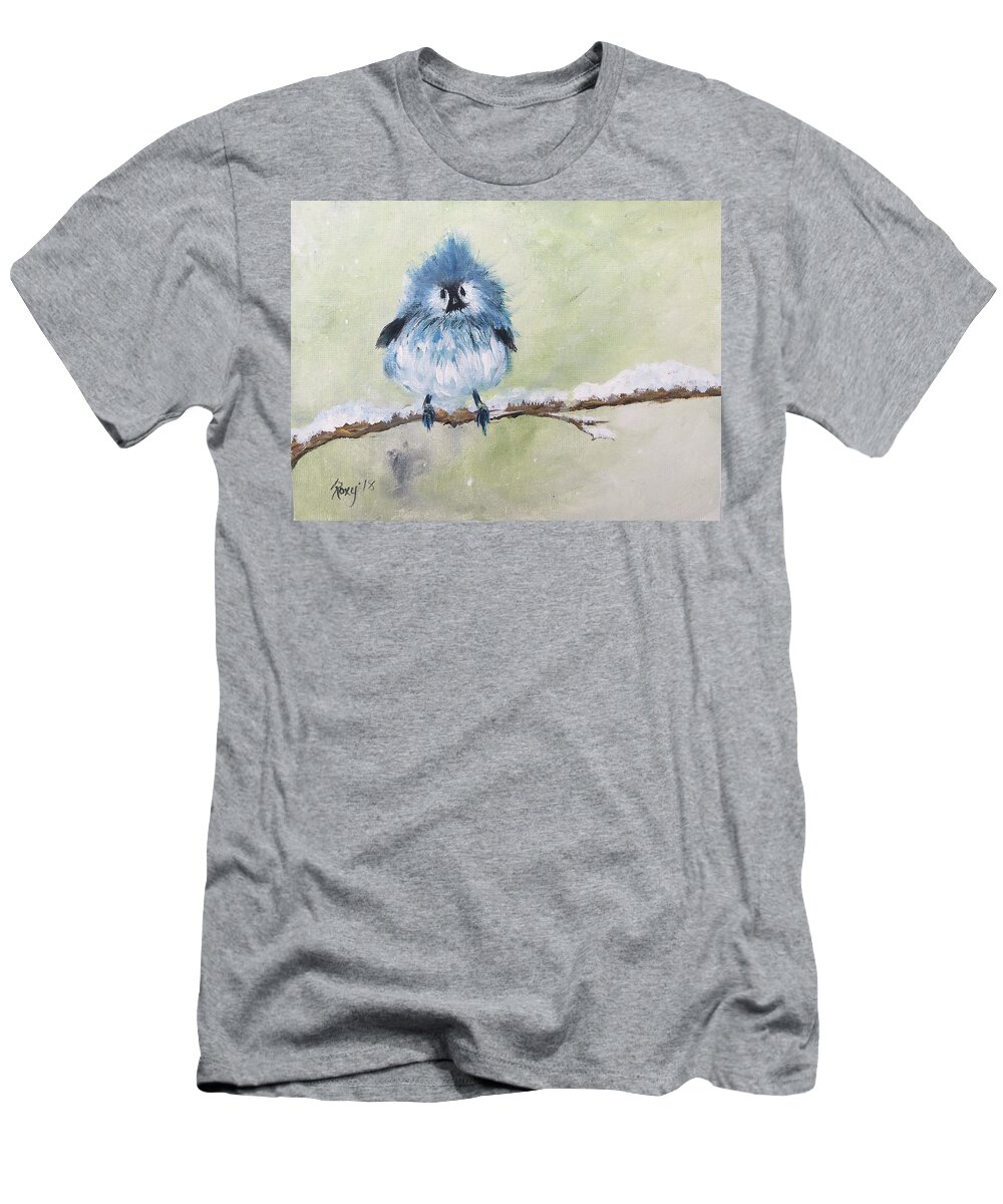 Blue Bird T-Shirt featuring the painting Fluffy Blue Bird by Roxy Rich