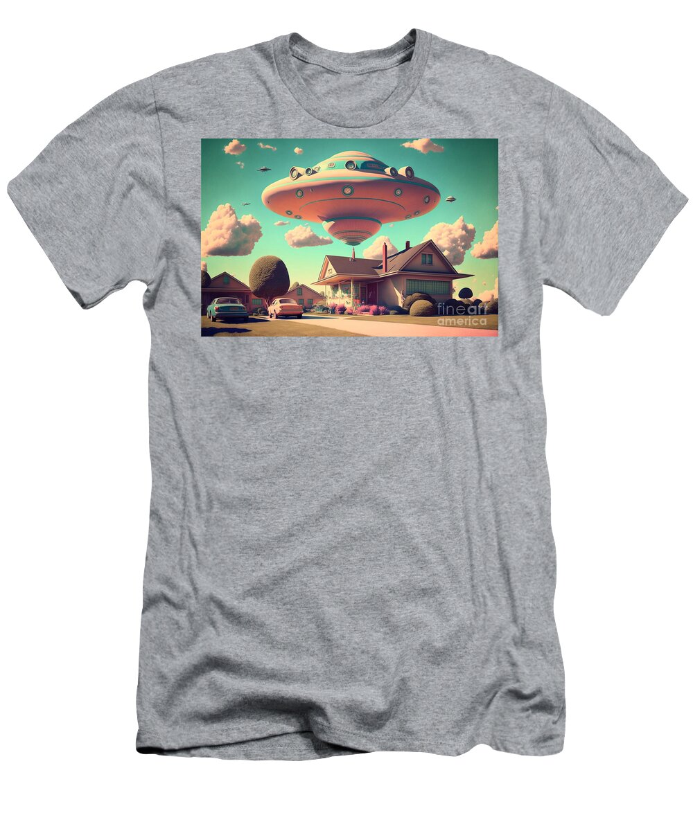 Flying T-Shirt featuring the mixed media Flying Saucer Frenzy I by Jay Schankman