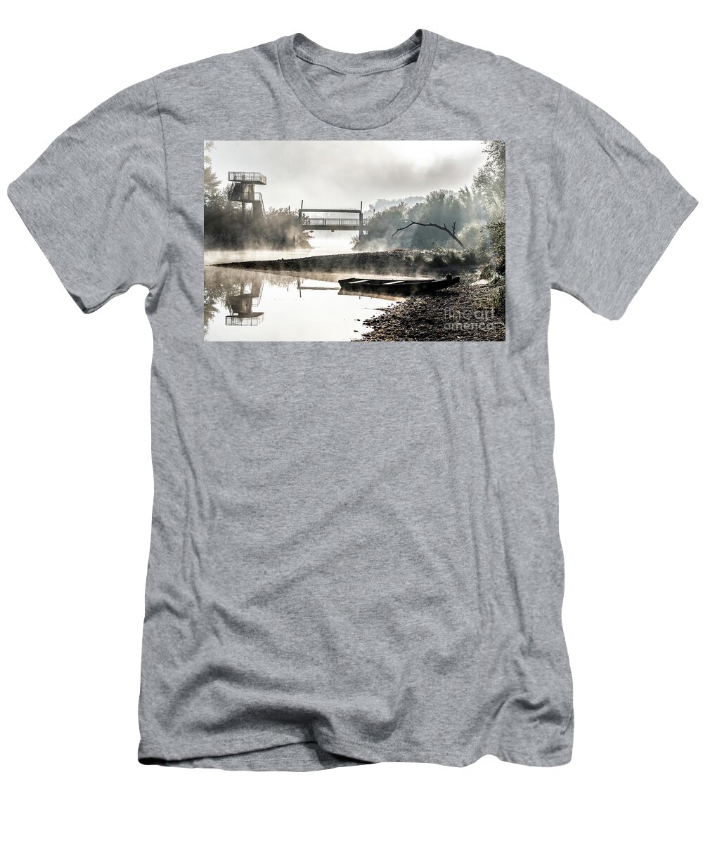 Anchor T-Shirt featuring the photograph Foggy Landscape With Boats On River Bank And Bridge In River Danube National Park In Austria by Andreas Berthold