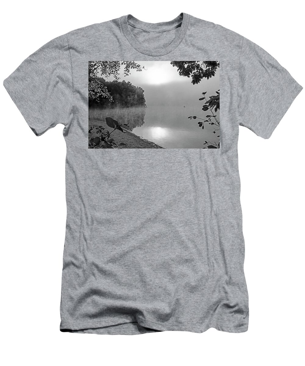 Concord T-Shirt featuring the photograph Foggy Sunrise on Walden Pond Concord Massachusetts Black and White by Toby McGuire