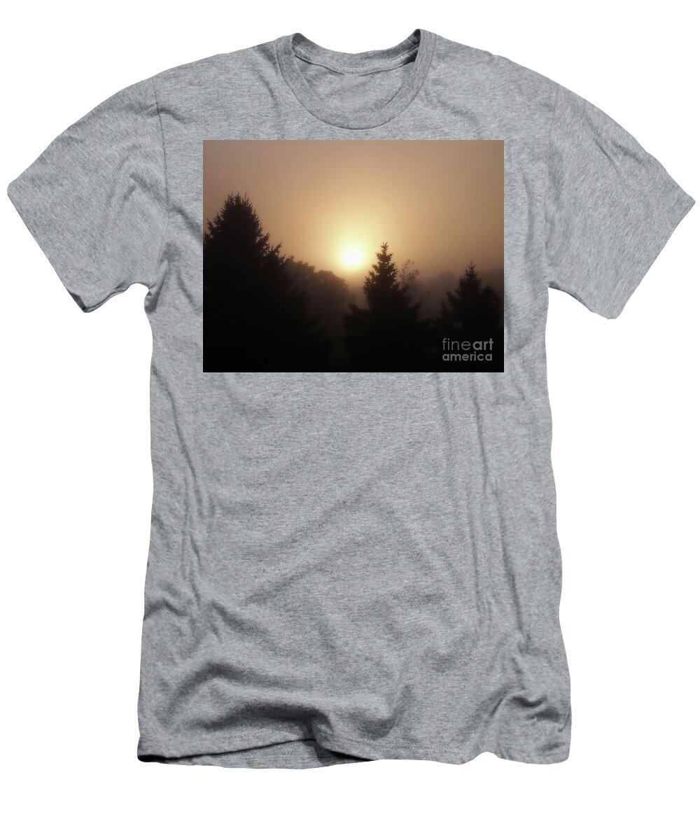 Sunrise T-Shirt featuring the photograph Foggy Sunrise by Phil Perkins