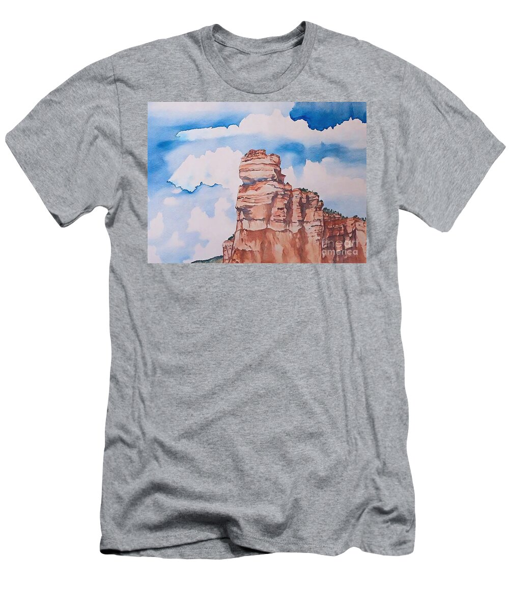 Rock T-Shirt featuring the painting Fortress Painting rock rocky watercolor utah desert americanwest rockymountaons gouache mountainscape landscape mountains by N Akkash