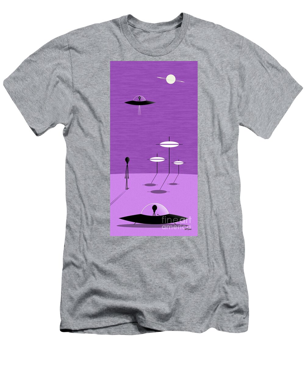 Sci Fi Art T-Shirt featuring the digital art Friendly Aliens Visit Purple Planet by Donna Mibus