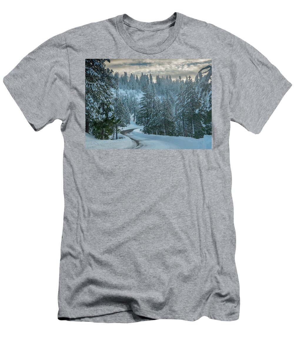 Sunrise T-Shirt featuring the photograph Frozen road highway 120 towards Yosemite 2 by Alessandra RC