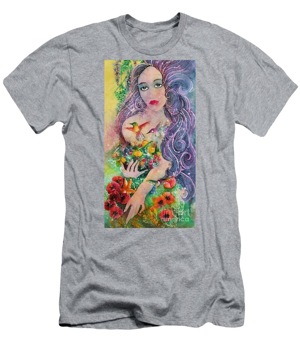 Garden. Goddess T-Shirt featuring the painting Garden Goddess of the Hummingbird by Carol Losinski Naylor