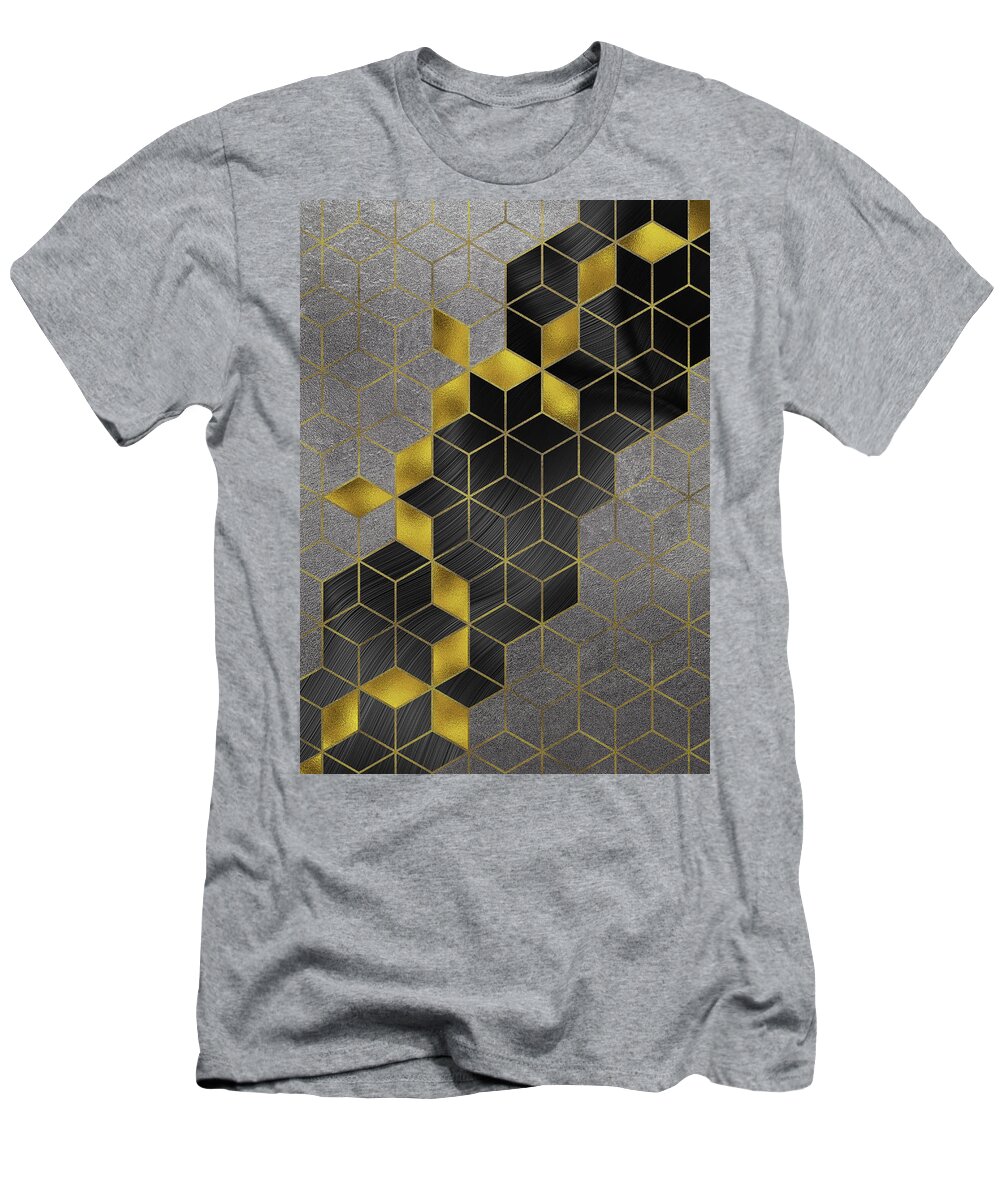 Abstract T-Shirt featuring the digital art Gold With The Flow Geometric Modern Marble by Sambel Pedes