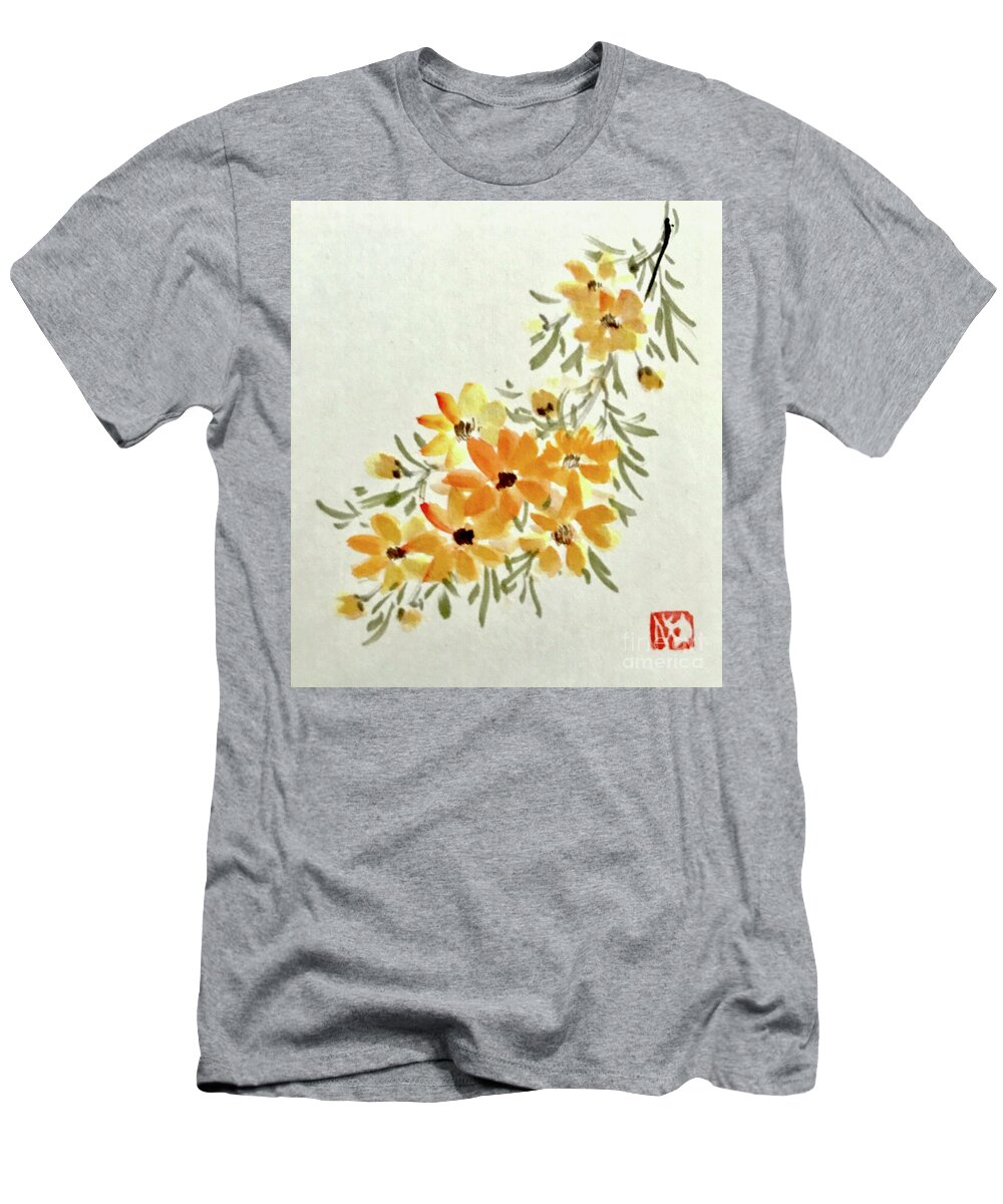 Japanese T-Shirt featuring the painting Golden Flowers by Fumiyo Yoshikawa