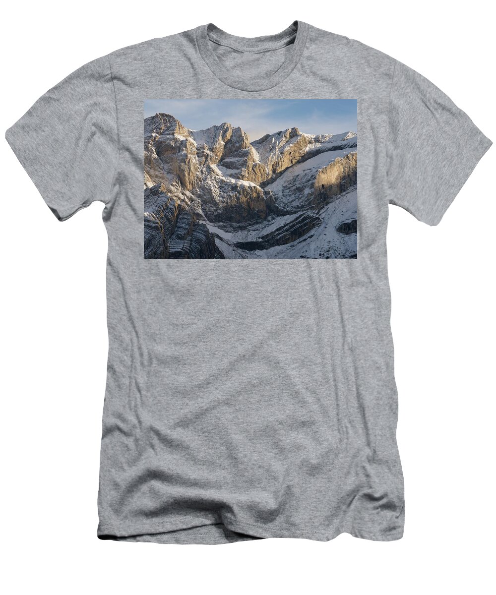 Gavarnie T-Shirt featuring the photograph Golden Lights hits the snow capped peak of Pic de Marbore by Stephen Taylor