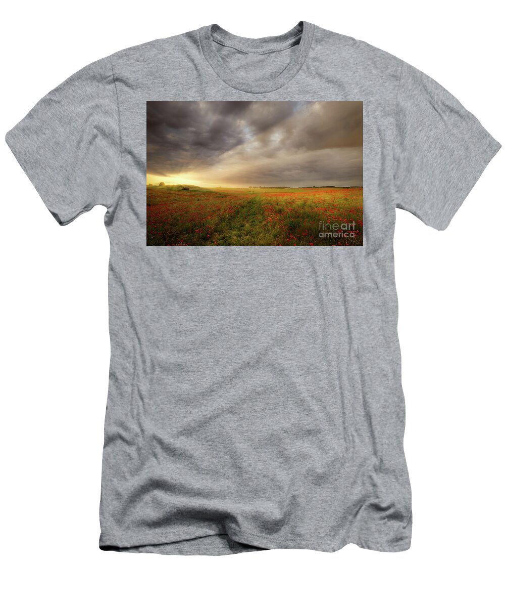 Poppies T-Shirt featuring the photograph Norfolk poppy field sunrise landscape by Simon Bratt