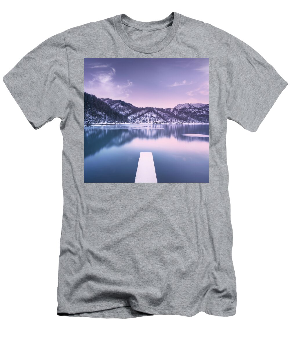 Lake T-Shirt featuring the photograph Gramolazzo iced lake and snowy pier in Apuan mountains. by Stefano Orazzini