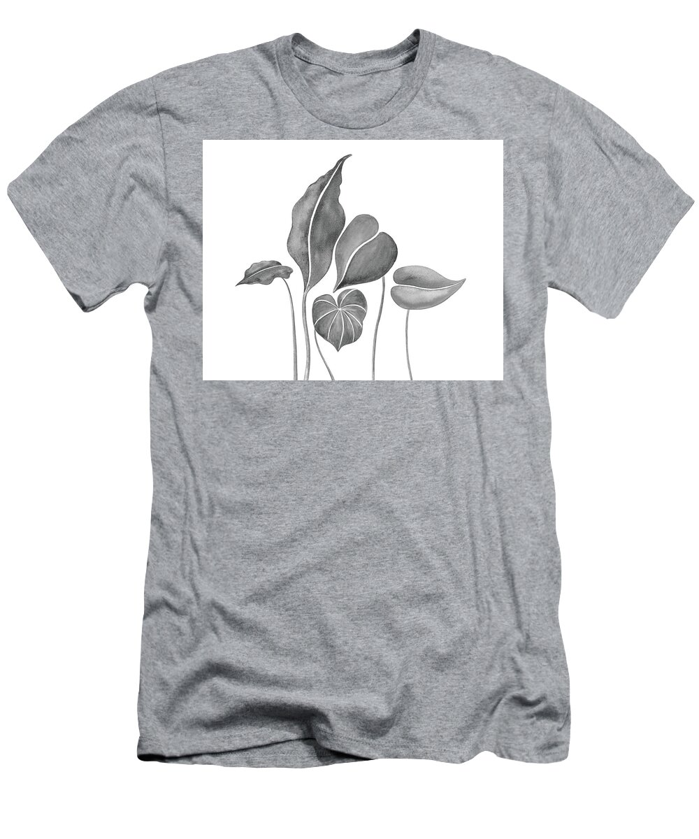 Gray T-Shirt featuring the painting Gray Grace Exotic Botanical Watercolor Tropic Leaves by Irina Sztukowski