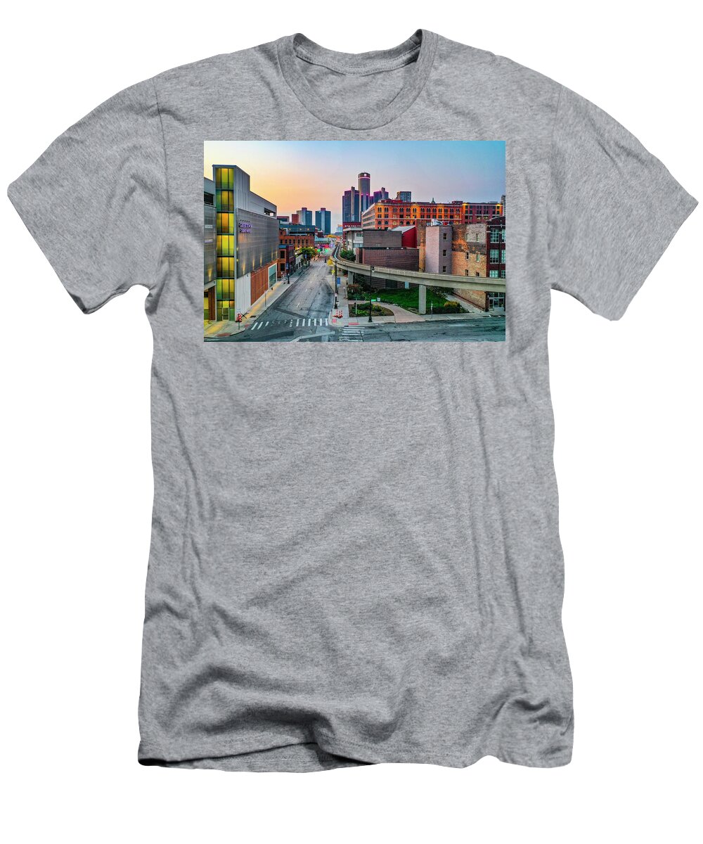 Detroit T-Shirt featuring the photograph Greektown Casino and People Mover DJI_0714 by Michael Thomas