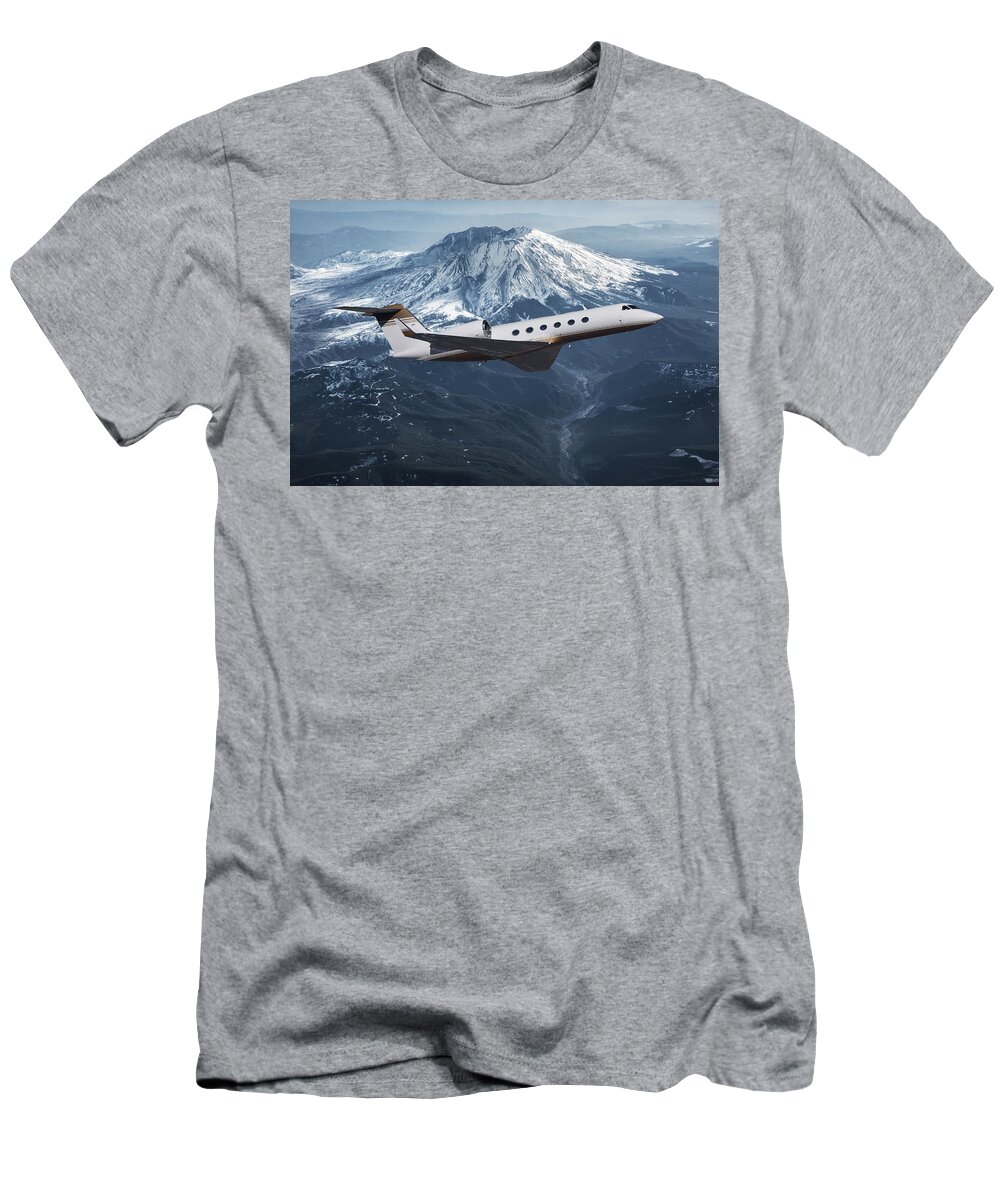 Gulfstream 550 Business Jet T-Shirt featuring the mixed media Gulfstream 550 and Mt. St. Helens by Erik Simonsen