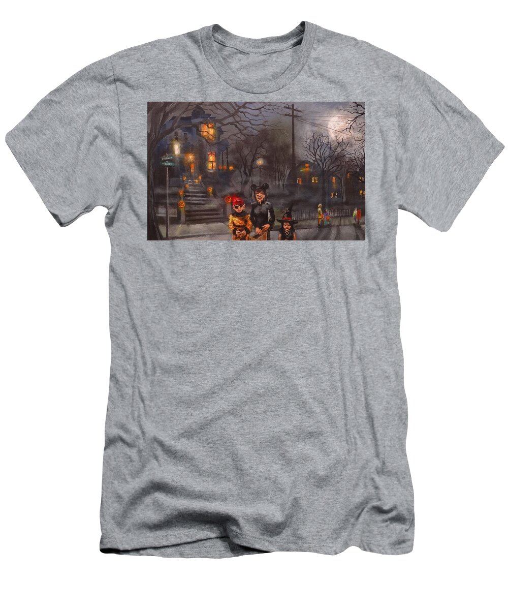 Halloween T-Shirt featuring the painting Halloween Trick-or-treat center by Tom Shropshire