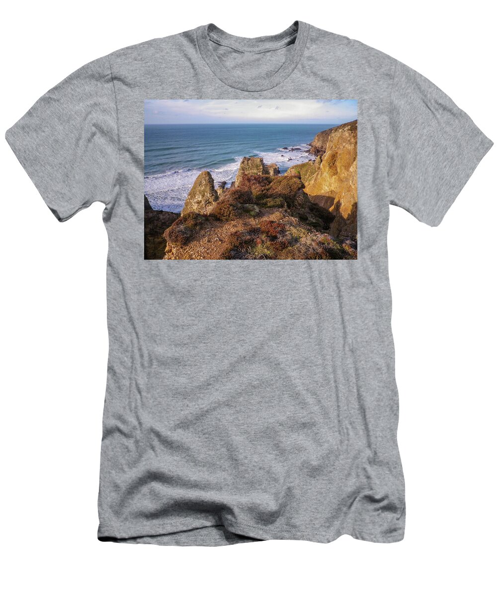 Cliff T-Shirt featuring the photograph Hanover Cove At Golden Hour St Agnes Cornwall by Richard Brookes
