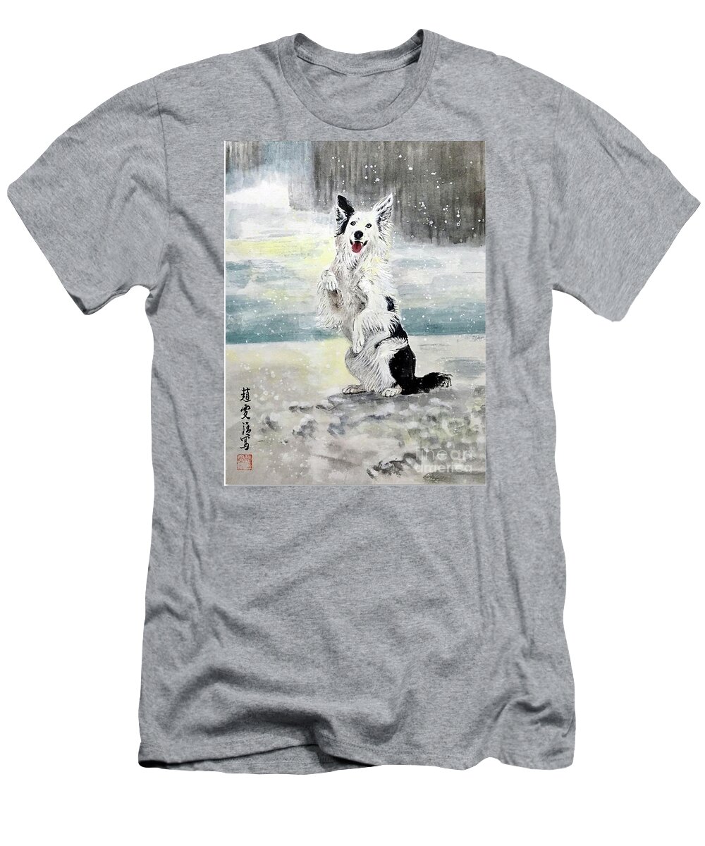 Puppy Art T-Shirt featuring the painting Happy Puppy in the Snow by Carmen Lam