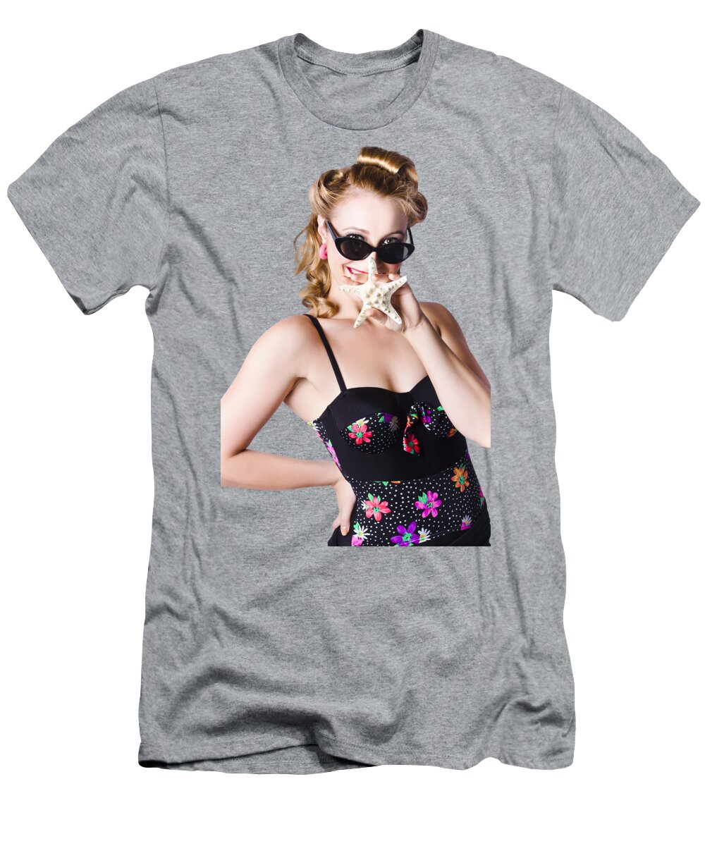 Coast T-Shirt featuring the photograph Happy woman in swimming costume by Jorgo Photography