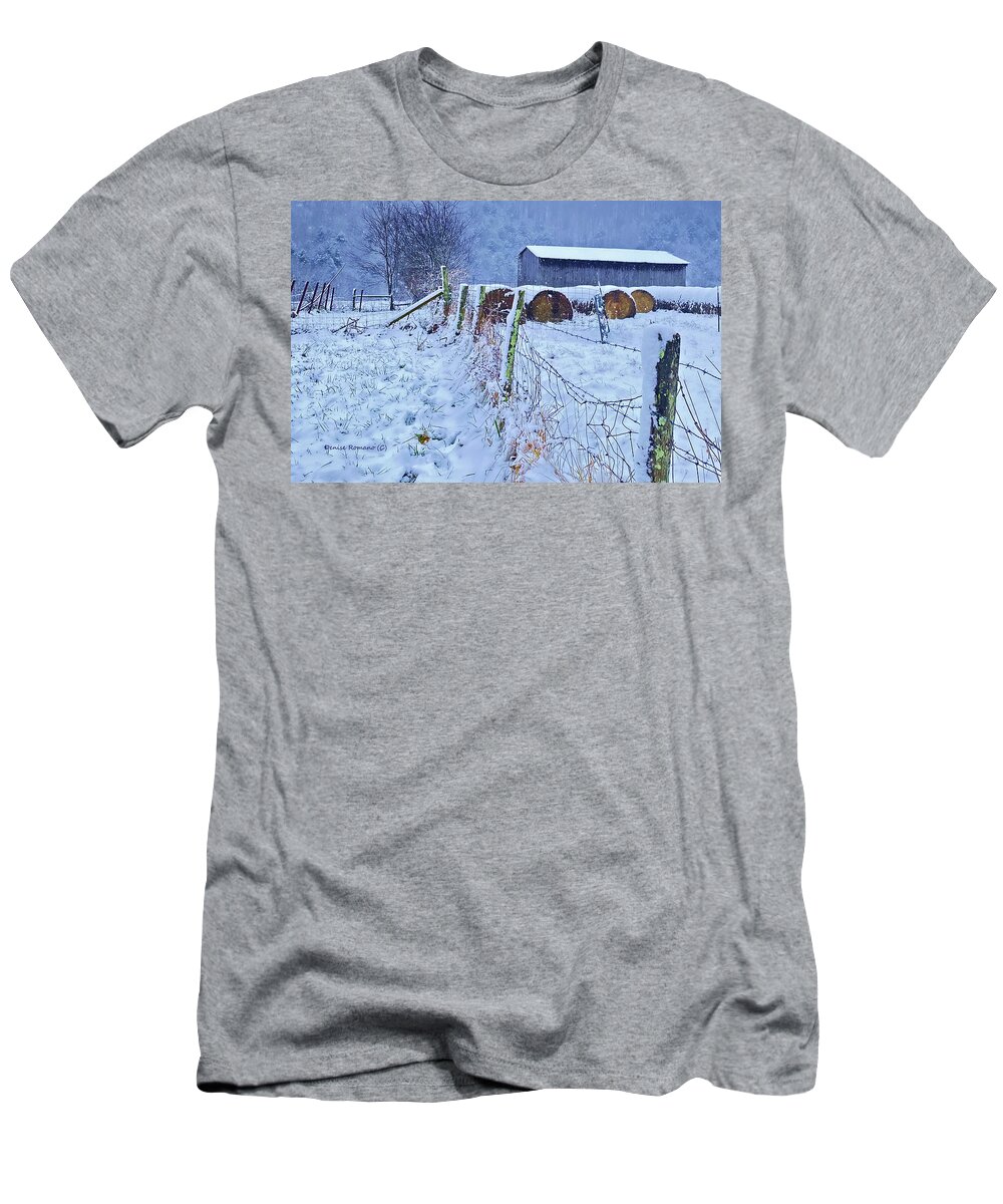 Snow T-Shirt featuring the photograph Hay Shed in Snow by Denise Romano