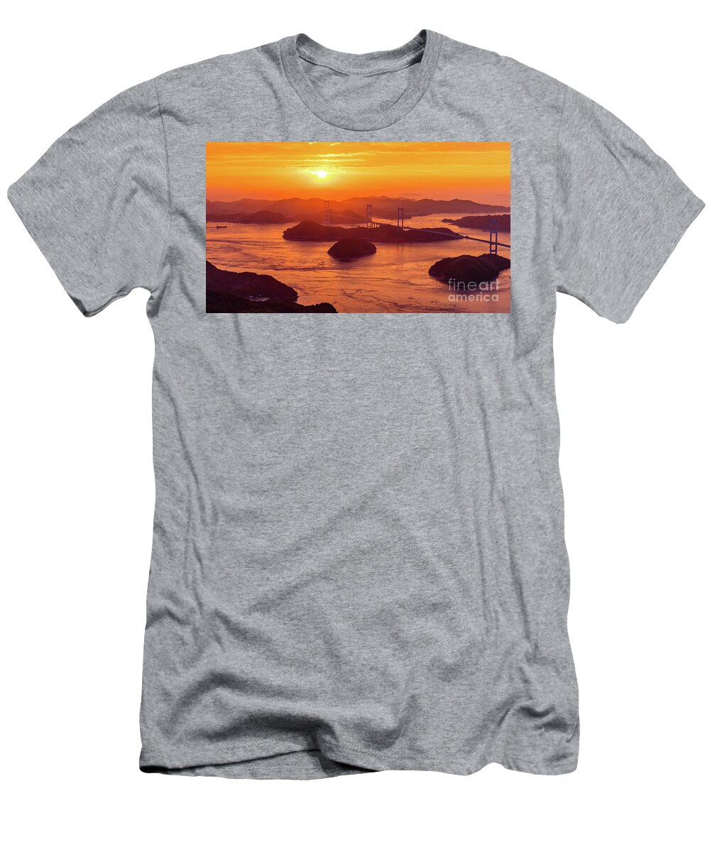 Sunset T-Shirt featuring the photograph Hazy sunset on Kurushima Kaikyo Bridge and Kurushima Strait by Lyl Dil Creations