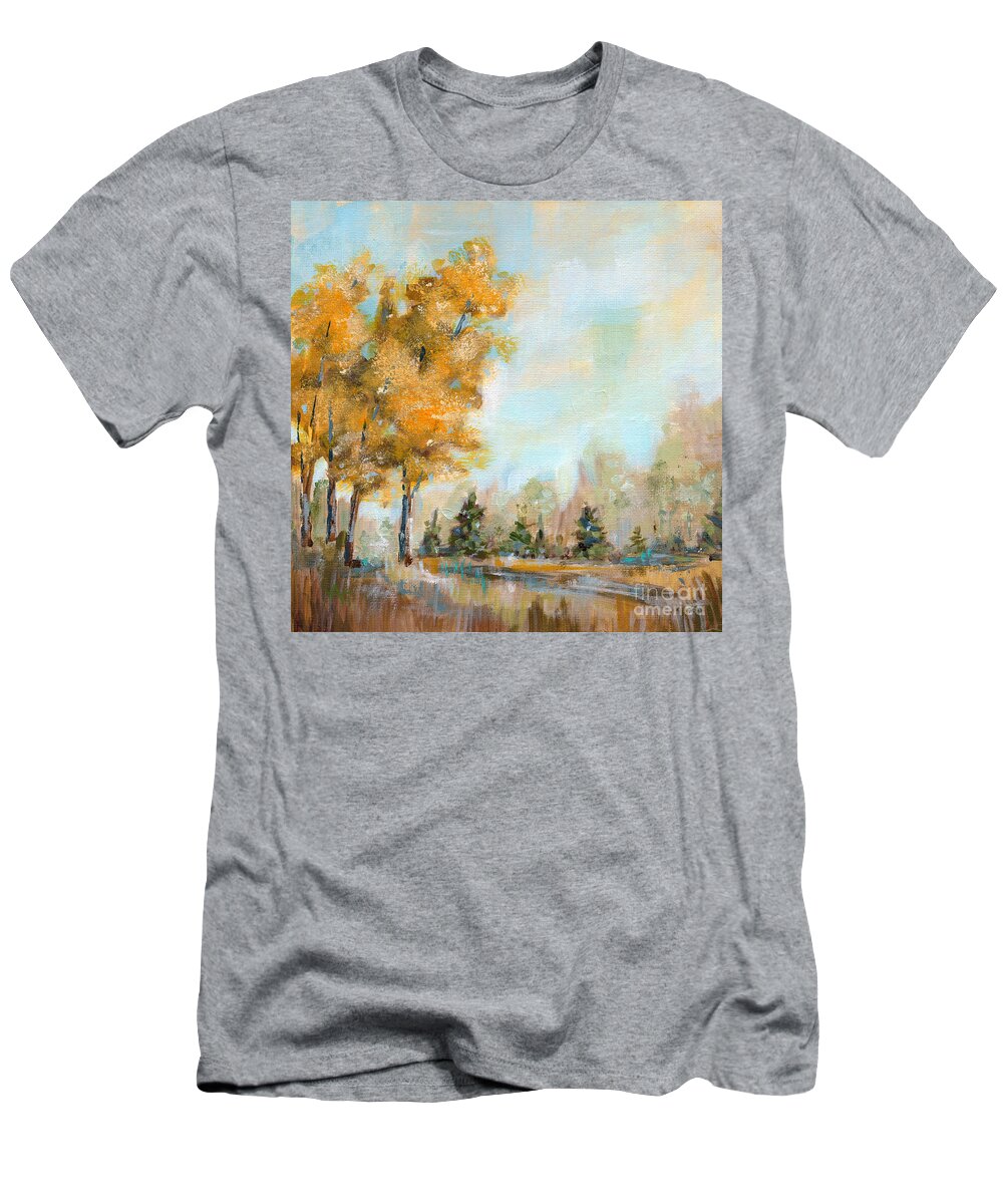 Landscape T-Shirt featuring the painting Hello Yellow - Fall landscape painting by Annie Troe