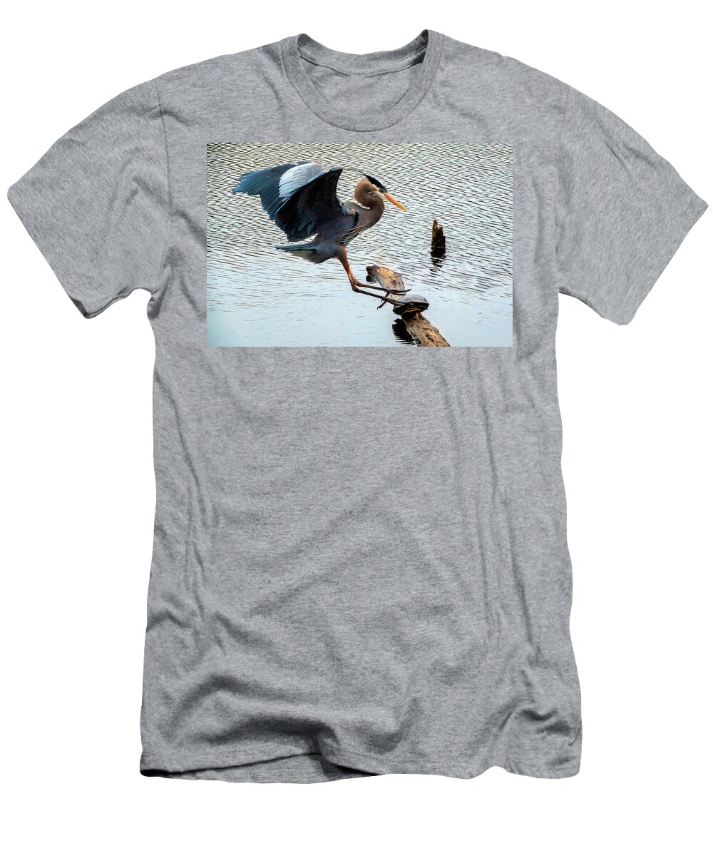Lakes And Rivers T-Shirt featuring the photograph Heron Sticks the Landing by Larey McDaniel