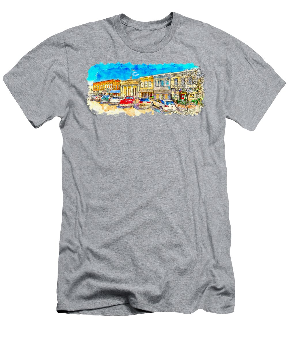 Historic Downtown Mckinney T-Shirt featuring the digital art Historical buildings on the North Tennessee Street in downtown Mckinney, Texas by Nicko Prints