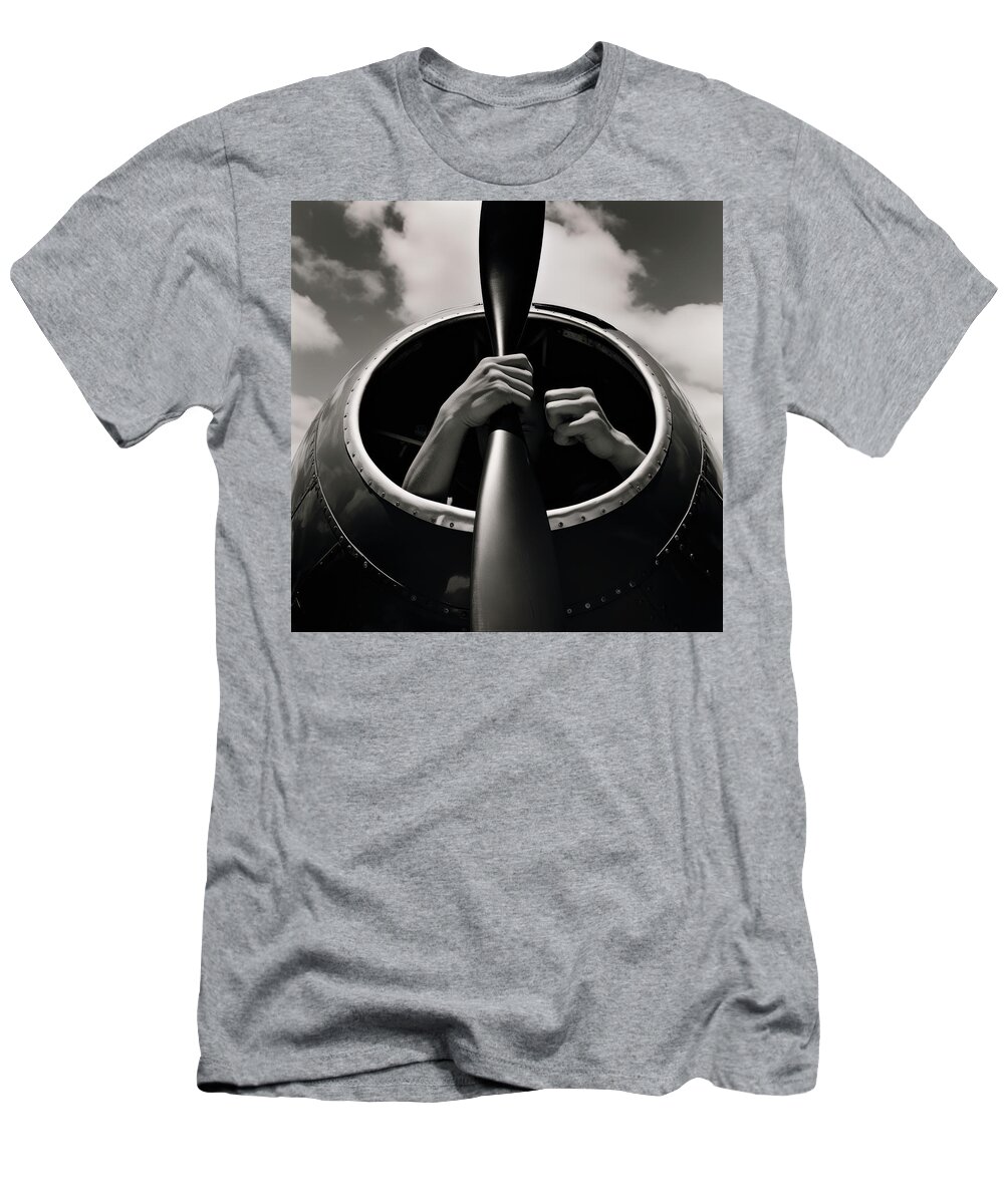 Black And White T-Shirt featuring the digital art Holding a Propeller in Empty Fuselage by YoPedro