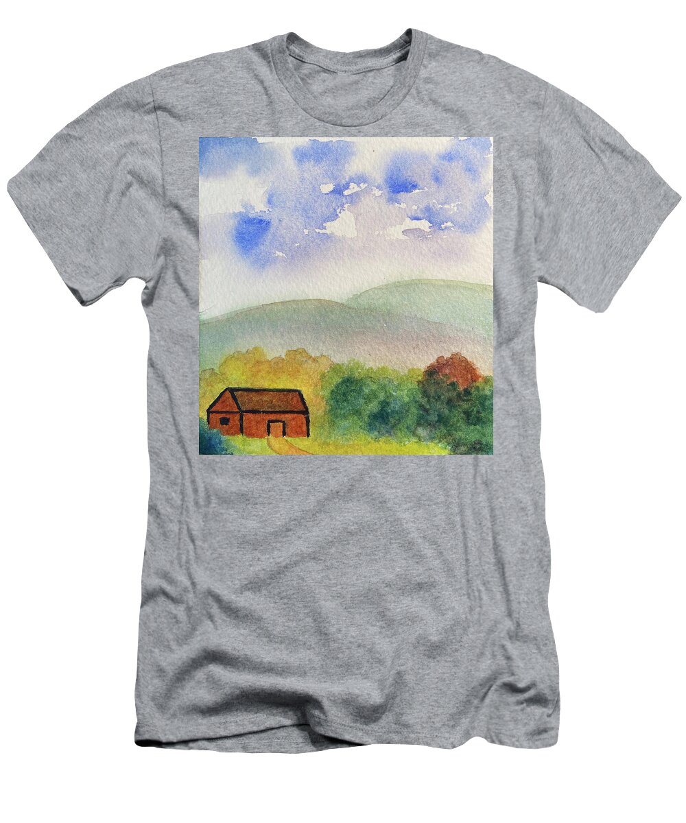 Berkshires T-Shirt featuring the painting Home Tucked Into Hill by Anne Katzeff