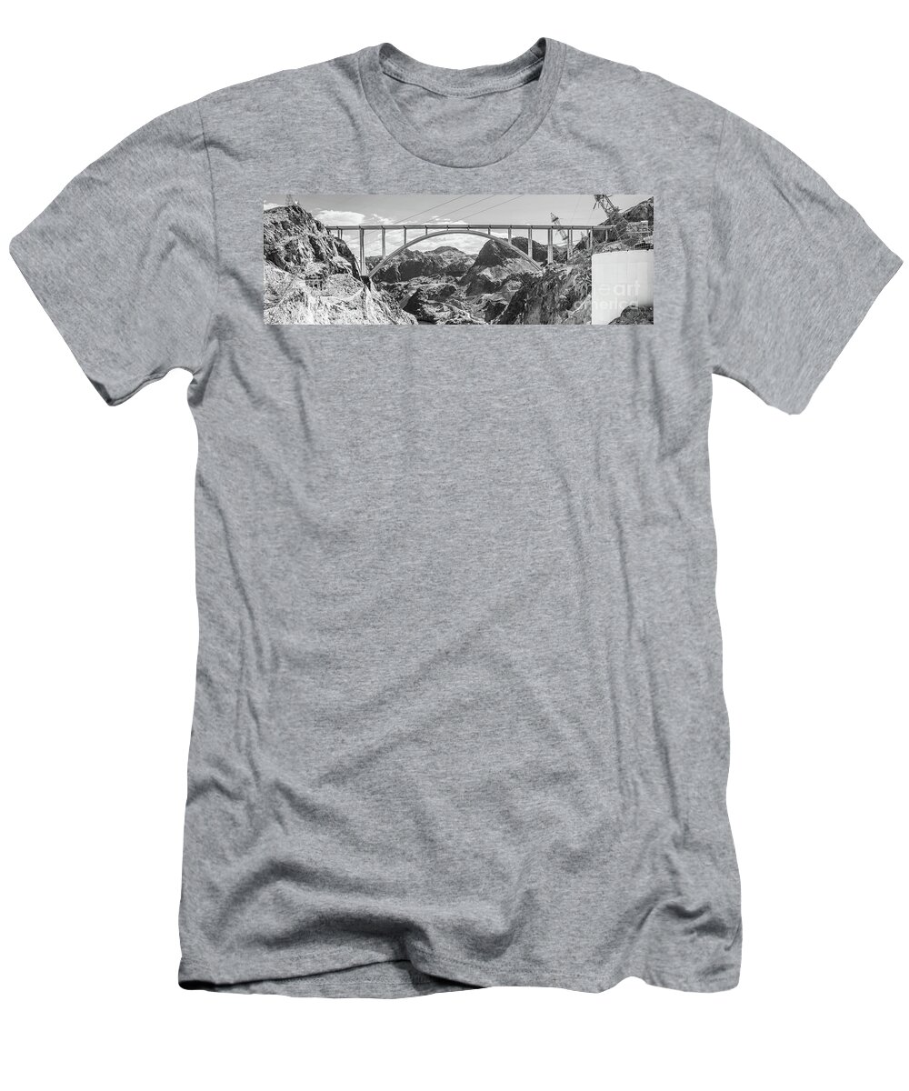 America T-Shirt featuring the photograph Hoover Dam Bridge Black and White Panorama Picture by Paul Velgos