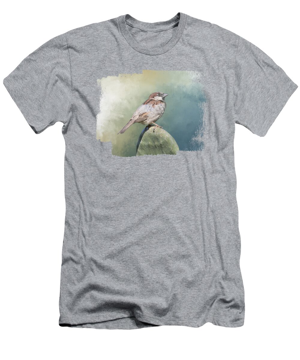 Sparrow T-Shirt featuring the photograph House Sparrow on Cactus by Elisabeth Lucas
