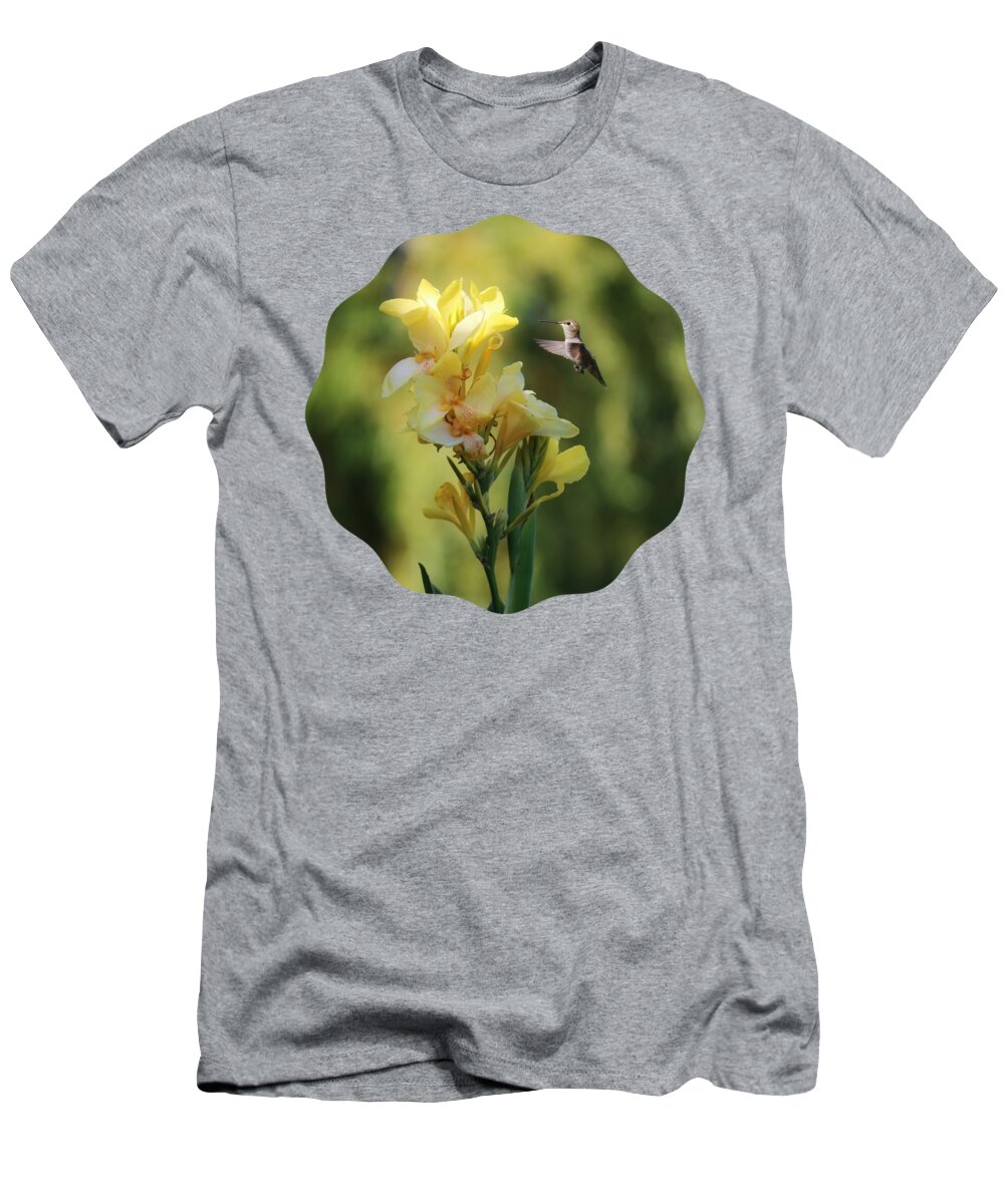 Hummingbird T-Shirt featuring the photograph Hummingbird with Yellow Canna Lily 6 Square by Carol Groenen