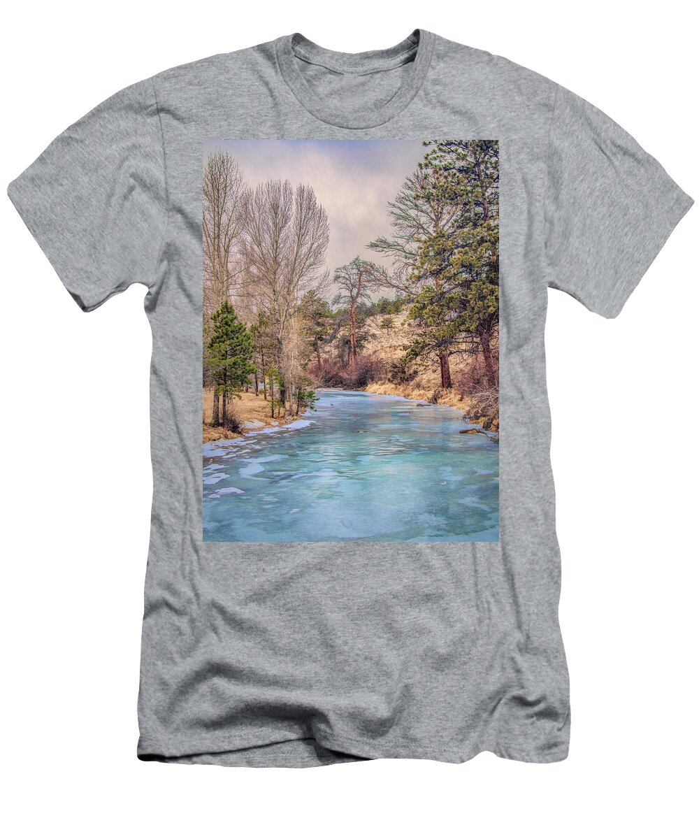Colorado T-Shirt featuring the photograph Icy Blue Creek in Estes Park, Colorado by Marcy Wielfaert