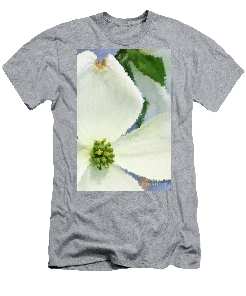 Dogwood; Dogwood Blossom; Blossom; Flower; Impressionist; Macro; Close Up; Petals; Green; White; Blue; Calm; Square; Pastel; Leaves; Tree; Branches T-Shirt featuring the digital art Impression Dogwood 4 by Tina Uihlein