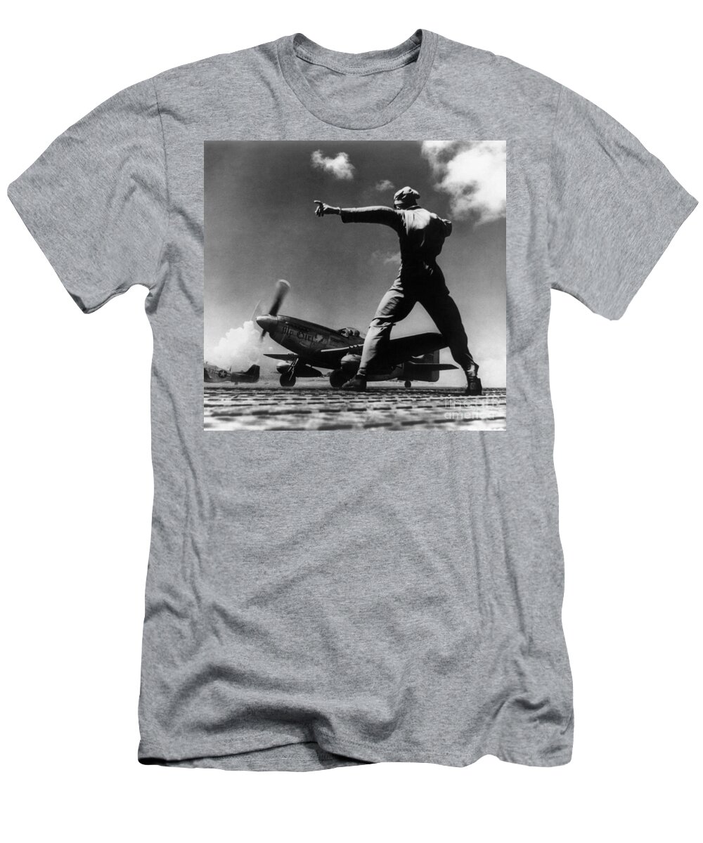 1945 T-Shirt featuring the photograph IWO JIMA - P-51 Taking Off by Granger