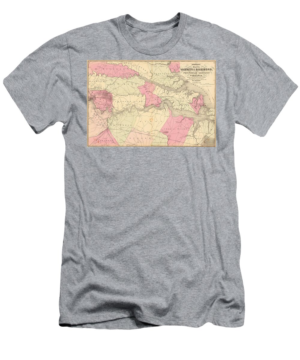 Alvin Jewett Johnson T-Shirt featuring the painting Johnson s Map of the Vicinity of Richmond Peninsular Campaign in Virginia Showing also the interesting localities along the James Chickahominy and York Rivers  New York    by Alvin Jewett Johnson