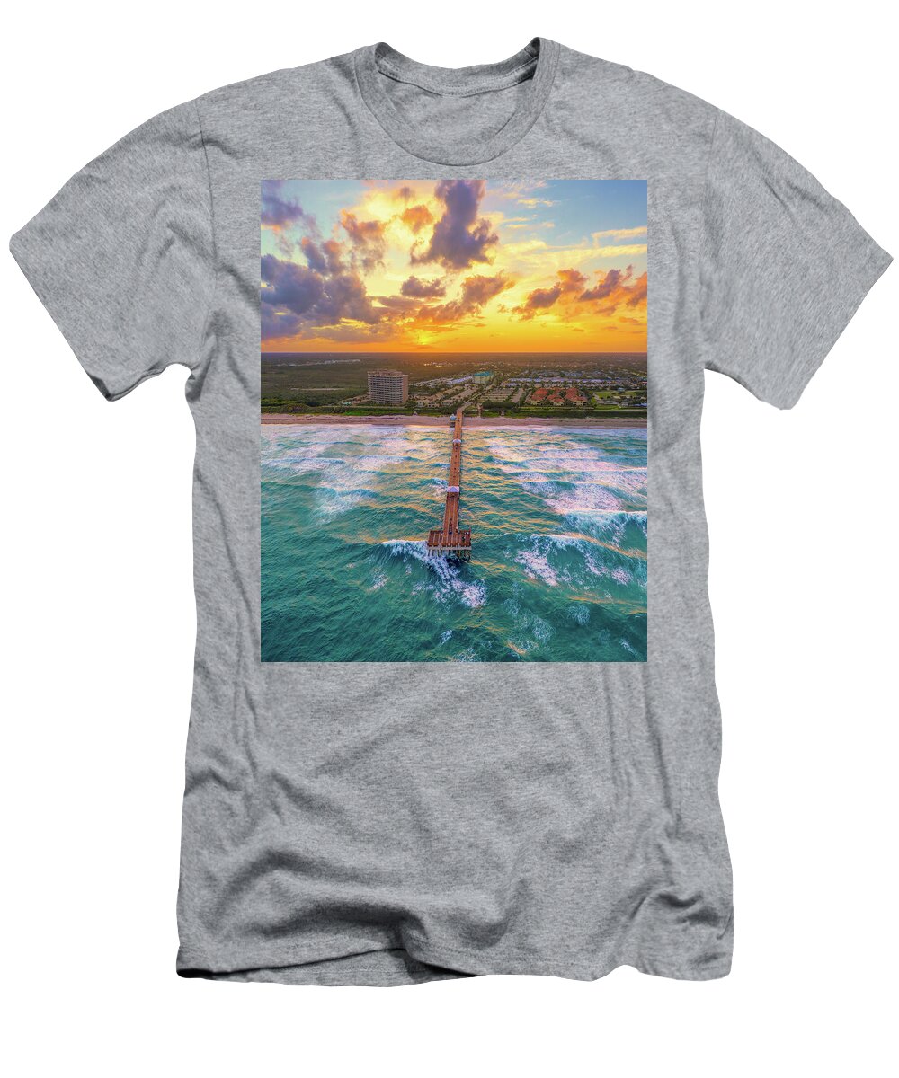 Juno Beach Pier T-Shirt featuring the photograph Juno Beach Pier Sunset Aerial Photography by Kim Seng