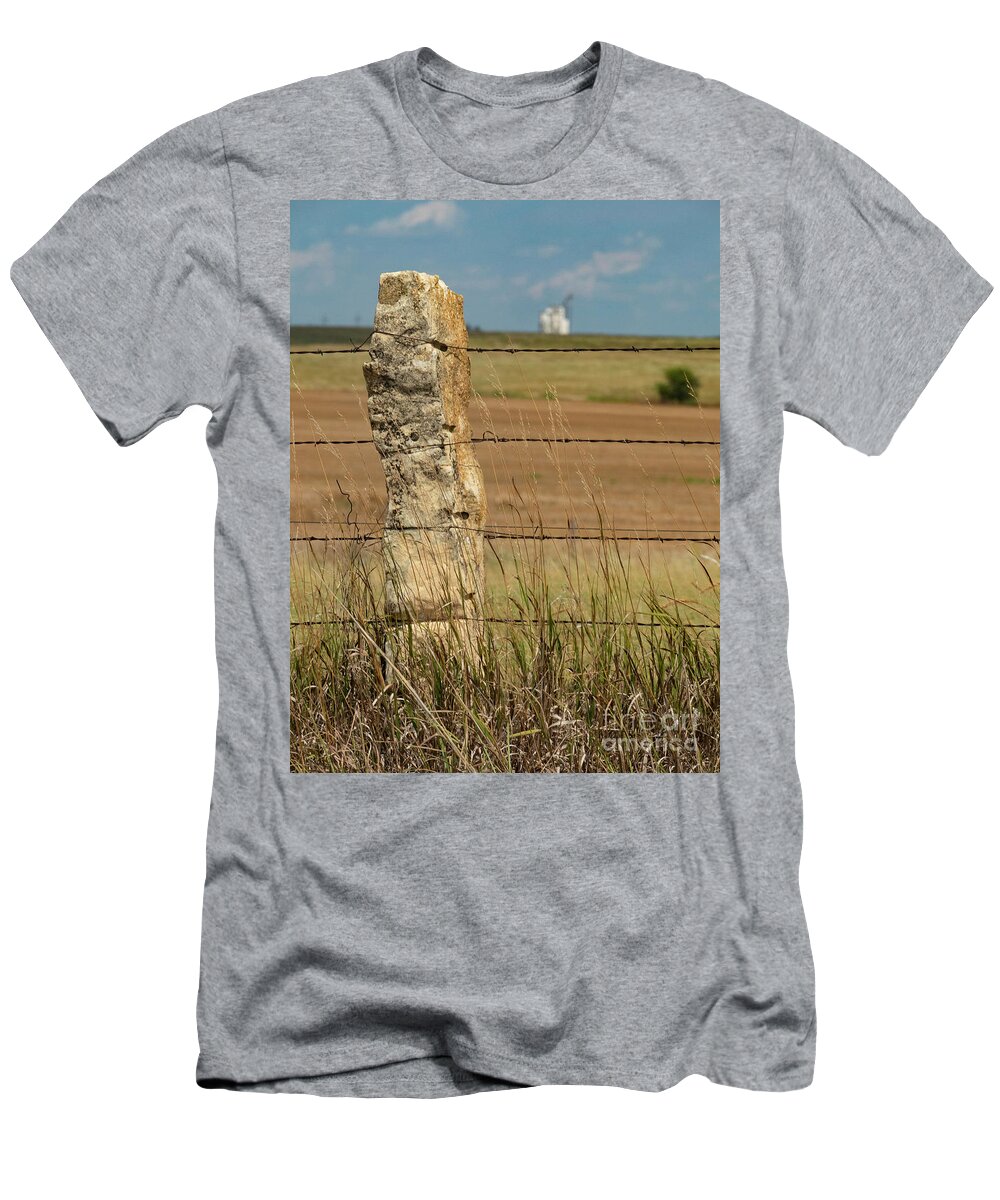 Kansas T-Shirt featuring the photograph Kansas Rock Posts and grain elevators by Garry McMichael