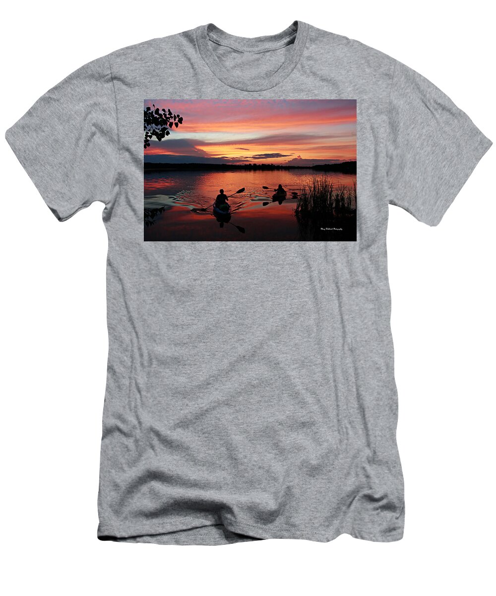 Kayaks At Beautiful Nimisila Reservoir In The City Of Green T-Shirt featuring the photograph Kayaks at Red Sunset by Mary Walchuck