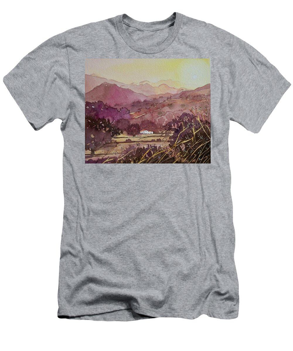 King Gillettem Ranch Malibu Mountains T-Shirt featuring the painting King Gillette Ranch to Malibu Creek - Golden Hour by Luisa Millicent
