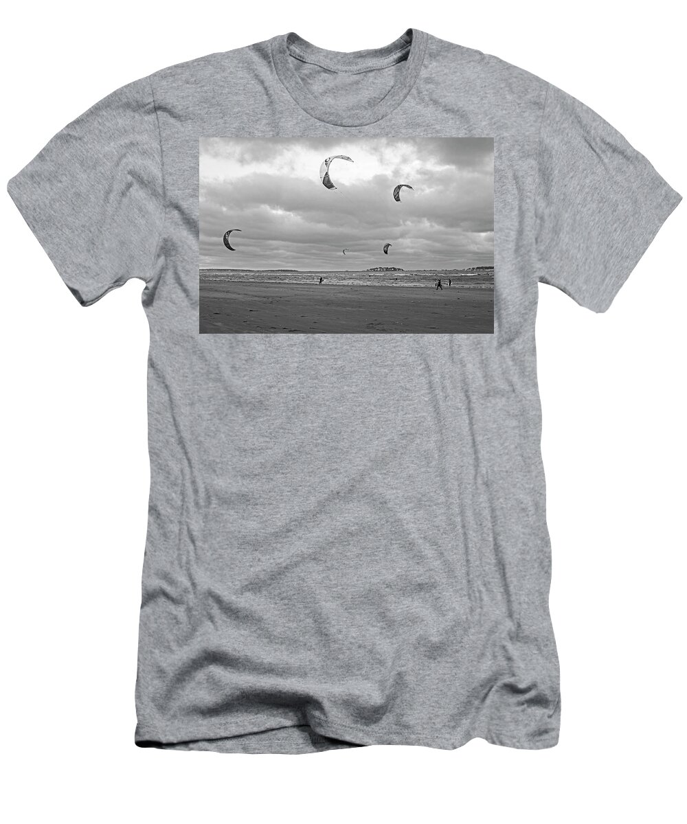 Revere T-Shirt featuring the photograph Kitesurfing on Revere Beach Black and White by Toby McGuire