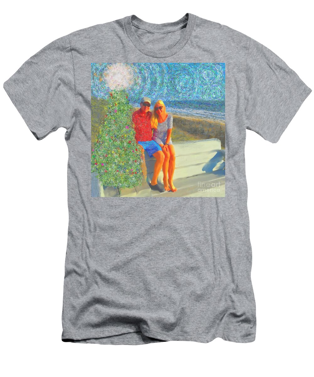 Krissy And Hubby Enjoying Two Things She Loves.. Ocean And Christmas! T-Shirt featuring the painting Krissymas by Hidden Mountain