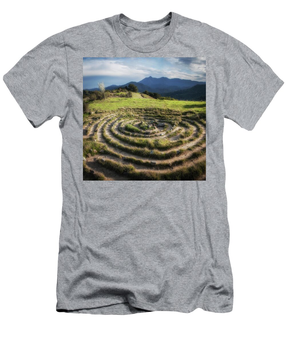 Labrynth T-Shirt featuring the photograph Labrynth and Mt. Tamalpais by Donald Kinney