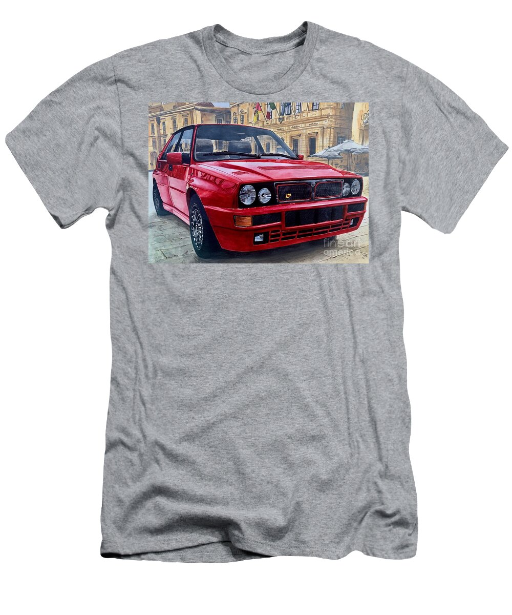 Hand Drawn T-Shirt featuring the painting Lancia Delta Integrale Acrylic Painting by Moospeed Art