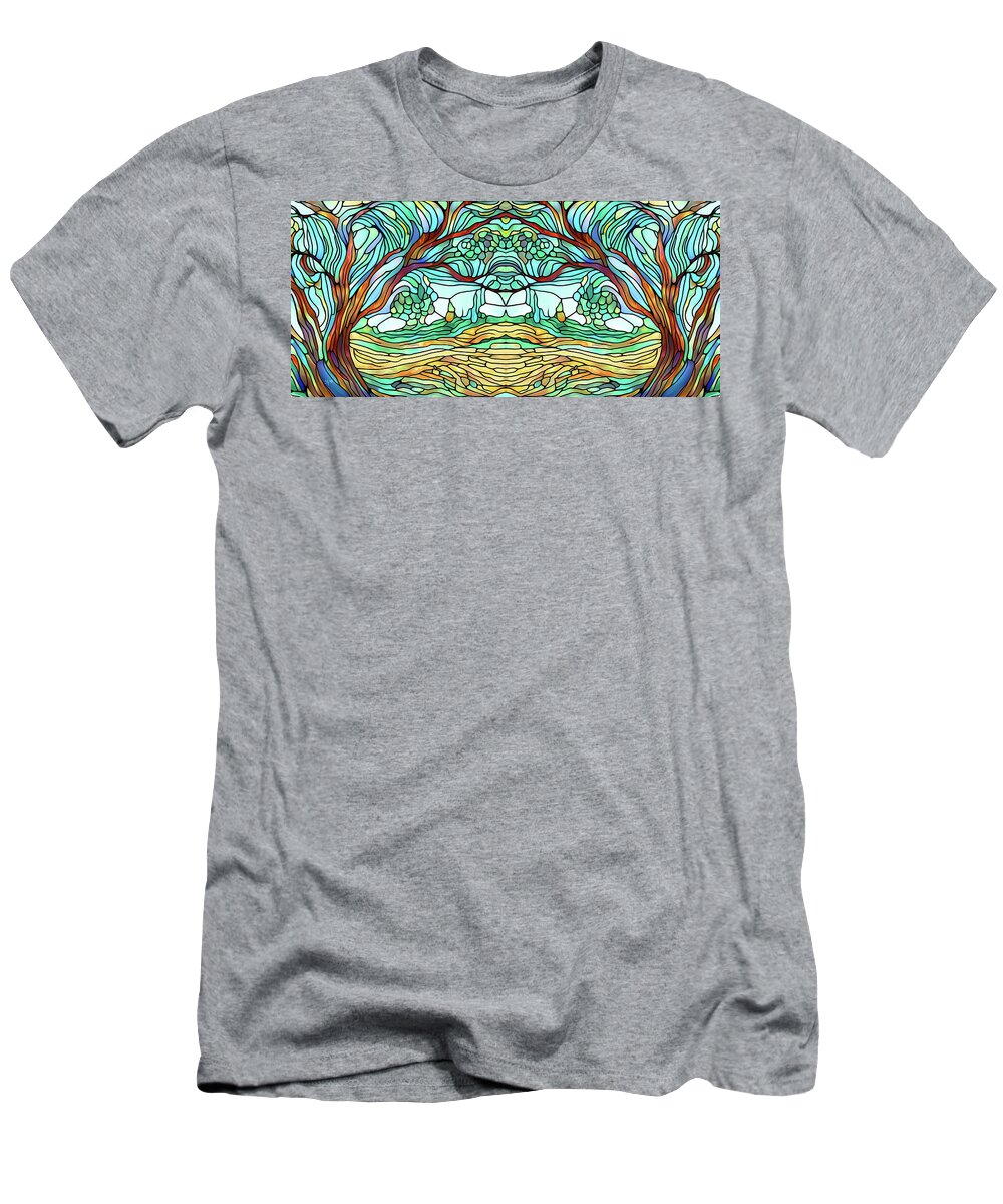 Landscape T-Shirt featuring the mixed media Landscape with Tree Faux Stained Glass Panel by Shelli Fitzpatrick