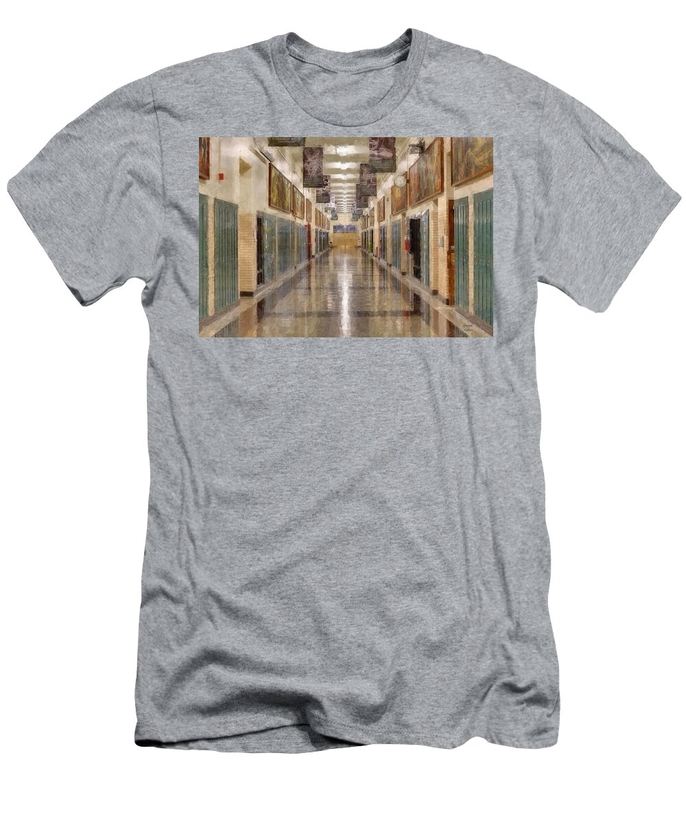 Lane Tech T-Shirt featuring the digital art Lane Technical High School Corridor by Glenn Galen
